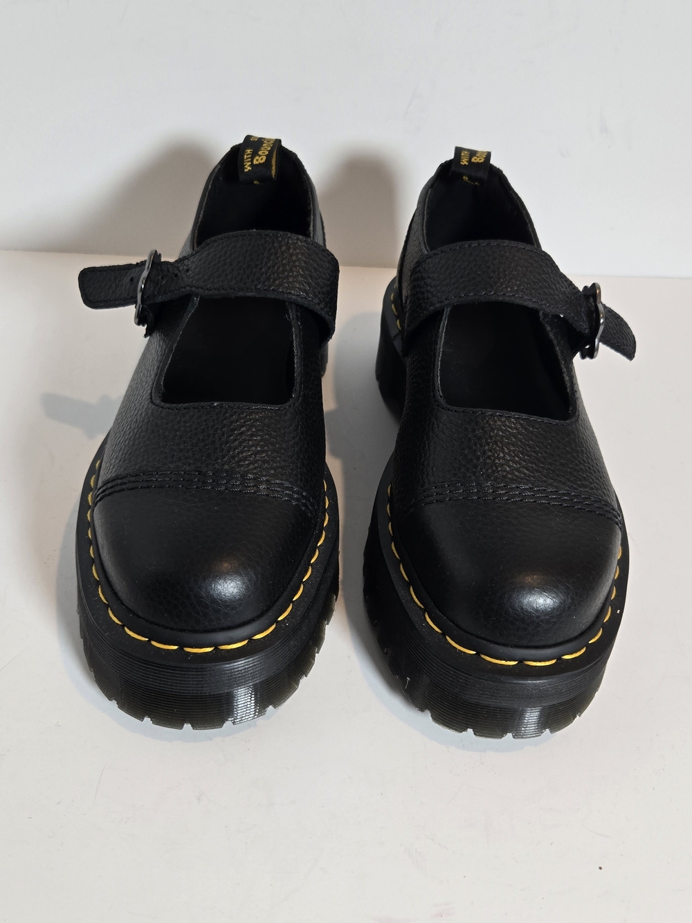 Dr. Martens Black Leather Mary Jane Shoes with Yellow Stitching